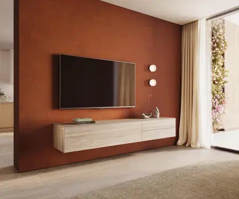 Televízne stolíky DELIFE TV stolík Cuor 220 cm keramika Laminam® Travertino Bianco krémovo biela 1 výklopné dvierka 2 zásuvky závesné