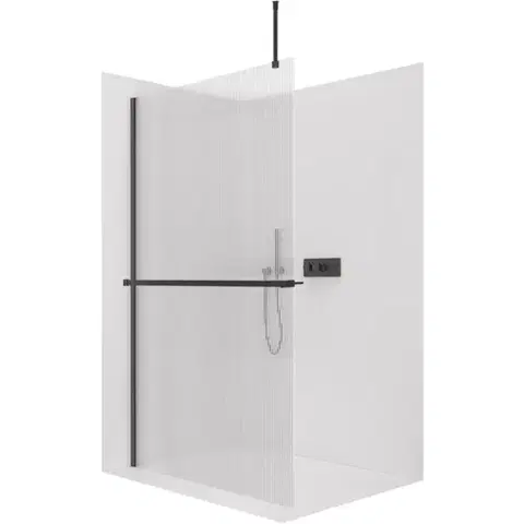 Držadlá k vani CERANO - Sprchová zástěna Walk-in Onyx Top Round L/P - 8 mm - kulatá vzpěra + polička/držák na ručníky - černá matná, rýhované sklo - 120x200  CER-8050BD1619