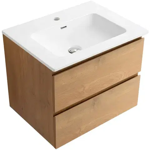 Kúpeľňový nábytok CERANO - Kúpeľňová skrinka Carole - dub medový + keramické umývadlo Novo - biela lesklá - 61x49,5x46,5 CER-979871