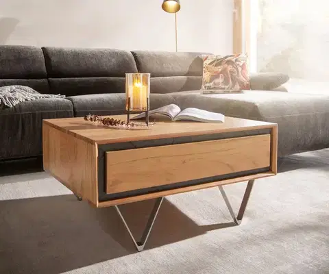 Konferenčné stolíky DELIFE Konferenčný stolík Stonegrace 80x60 cm akácia prírodná 2 zásuvky kamenná dyha