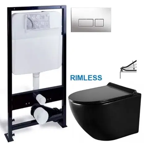 Záchody PRIM předstěnový instalační systém s chromovým tlačítkem 20/0041 + WC MEXEN LENA ČERNÁ Rimless + SEDADLO PRIM_20/0026 41 ME01
