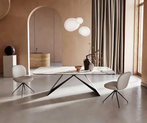 Jedálenské stoly DELIFE Jedálenský stôl Edge zaoblený 240x120 keramika Calacatta Luxe bielo-zlato-šedá podstava v tvare V plochá oceľ čierna