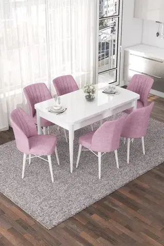 Jedálenské sety Extendable Dining Table & Chairs Set (7 Pieces) Nef - White, Pink