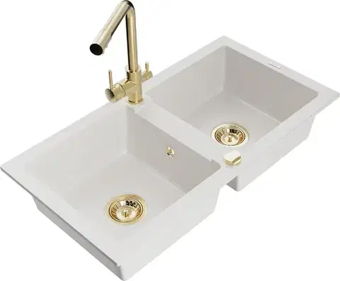 Kuchynské drezy MEXEN/S MEXEN/S - Mario granitový drez 2-bowl vrátane batérie Duero, biela 6504-20-671600-50