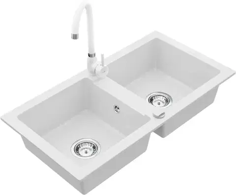 Kuchynské drezy MEXEN/S MEXEN/S - Mario granitový drez 2-bowl vrátane batérie Telma, biela 6504-20-670200-20