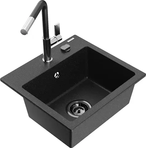 Kuchynské drezy MEXEN/S MEXEN/S - Milo granitový drez 1-miska vrátane batérie Flora, čierna/strieborná metalík 6505-73-670401-07-B