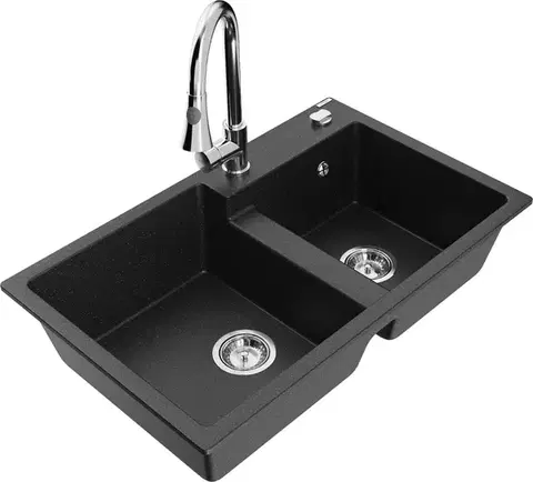 Kuchynské drezy MEXEN/S MEXEN/S - Tomas granitový drez 2-bowl vrátane batérie Elia, čierna/strieborná metalík 6516-73-670101-00