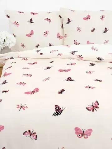 Obliečky MKLozkoviny.sk Obliečky mikroplyš Exclusive – Motýliky béžové - 140 × 200 cm - 70 x 90 cm