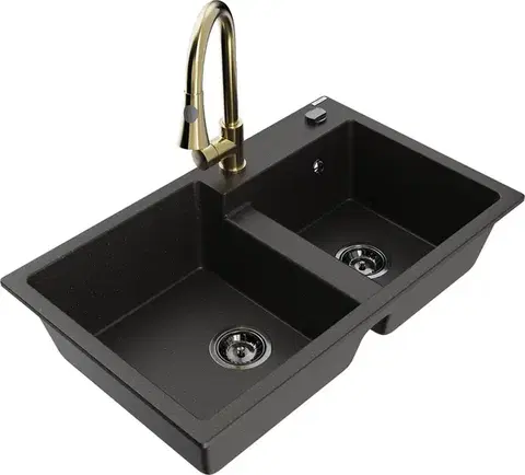 Kuchynské drezy MEXEN/S MEXEN/S - Tomas granitový drez 2-bowl vrátane batérie Elia, čierna/zlatá metalik 6516-75-670101-50-B