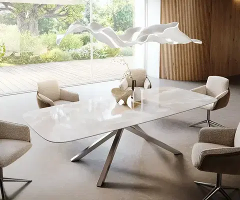 Jedálenské stoly DELIFE Jedálenský stôl Edge zaoblený tvar 270×120 cm keramika Iris FMG Onice Grigio krížová podstava obdĺžniková nerezová oceľ