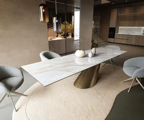 Jedálenské stoly DELIFE Jedálenský stôl Edge 300×100 cm keramika onyx perleťový kužeľ metalická zlatá