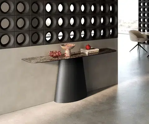 Konzolové stolíky DELIFE Konzolový stolík Edge zaoblený tvar 180×40 cm keramika Emperador Extra Lucidato tmavohnedá kužeľová kov čierna
