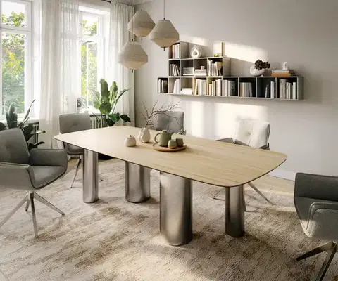 Jedálenské stoly DELIFE Jedálenský stôl Edge zaoblený 260×120 cm keramika Laminam® sabbia dubová farba nerezová oceľ kefovaná
