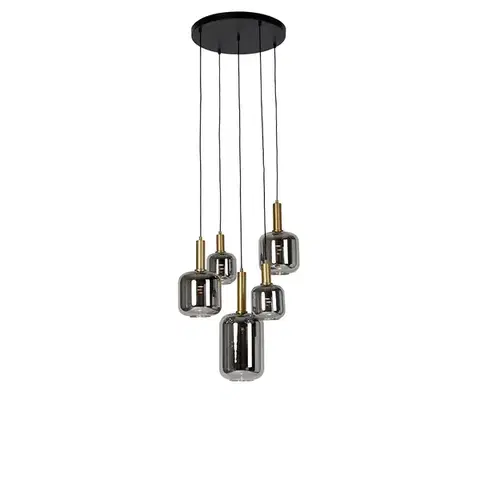 Závesné svietidlá Závesná lampa čierna so zlatom a dymovým sklom vrátane 5 PUCC - Zuzanna