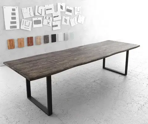Jedálenské stoly DELIFE Jedálenský stôl Edge 300x100 XL akácia platinová tenká podstava čierna Live-Edge