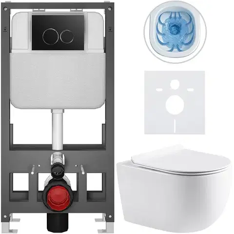 Záchody CERANO - Kompletní WC set Basic/Felci - bílá lesklá - WC tlačítko Dualo/Černá - volně stojící - předstěnová instalace - 53x37  CER-8050BD86067