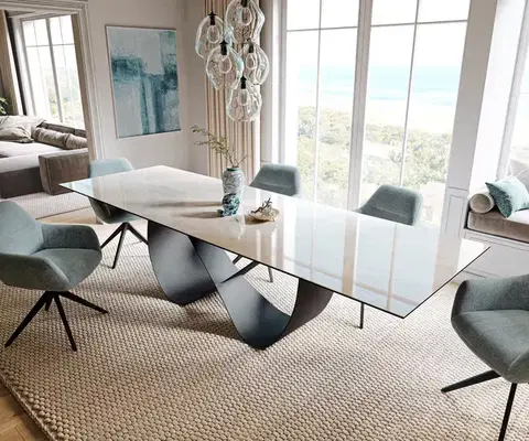 Jedálenské stoly DELIFE Jedálenský stôl Edge 200-300×100 cm keramika onyx champagne infinity kov čierna rozkladací