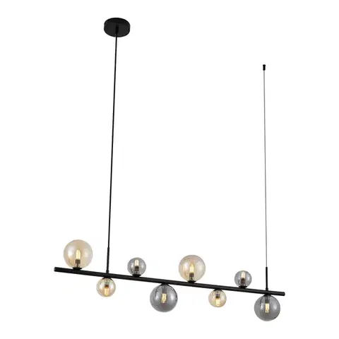 Závesné svietidlá Závesná lampa čierna s dymovým a jantárovým sklom obdĺžniková 8-svetiel - Monaco