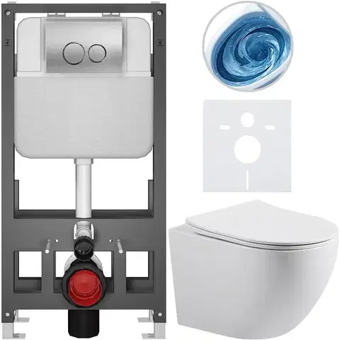 Záchody CERANO - Kompletný WC set Basic/Cesso - biela matná - WC tlačidlo Dualo/Strieborná - voľne stojaca - predstenová inštalácia - 49x36 CER-8050BD86162