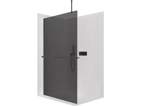 Držadlá k vani CERANO - Sprchová zástěna Walk-in Onyx Top Round L/P - 10 mm - kulatá vzpěra + polička/držák na ručníky - černá matná, grafitové sklo - 130x200  CER-8050BD710984