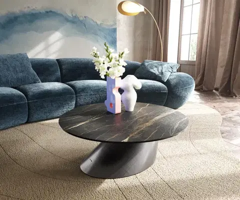 Konferenčné stolíky DELIFE Konferenčný stolík Edge okrúhly 90x90 cm keramika Laminam® Noir Desir hnedá Conis metalická strieborná
