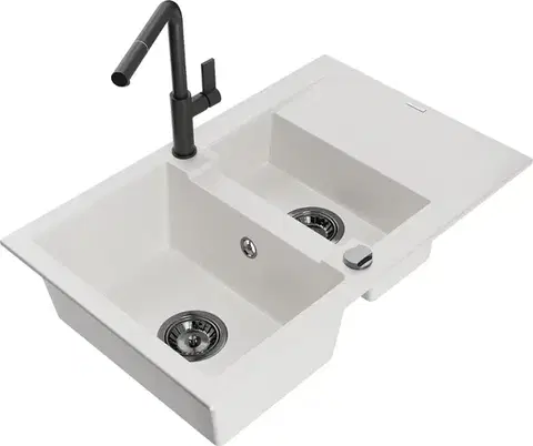 Kuchynské drezy MEXEN/S MEXEN/S - Gaspar granitový drez 1.5 s odkvapkávačom vrátane batérie Flora, biela 6507-20-670401-70-B