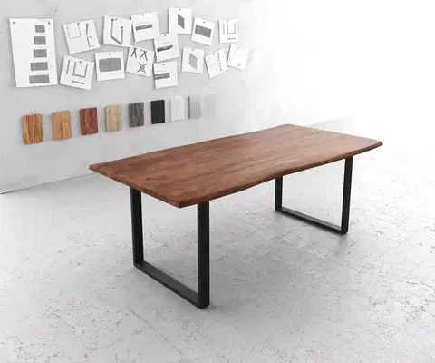 Jedálenské stoly DELIFE Jedálenský stôl Edge 200x100 akácia hnedá kov čierna Live-Edge