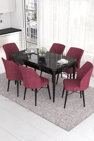 Jedálenské sety Extendable Dining Table & Chairs Set (7 Pieces) Eva - Black Marble, Burgundy