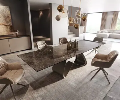 Jedálenské stoly DELIFE Jedálenský stôl Edge 200-300x100 keramika Laminam® Emperador Extra Lucidato tmavohnedý podstava v tvare W efektová povrchová úprava titánová rozkladací
