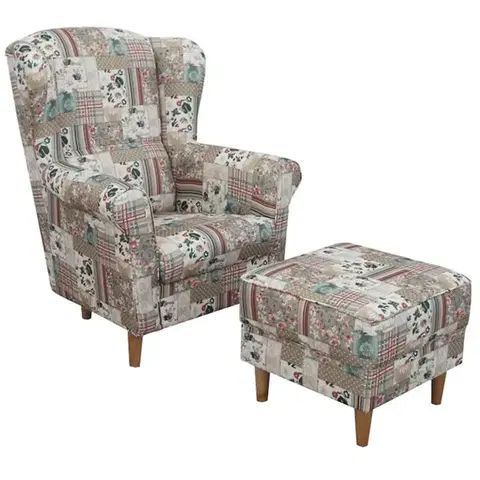 Kreslá KONDELA Astrid kreslo (ušiak) s taburetkou vzor patchwork Viorica 1