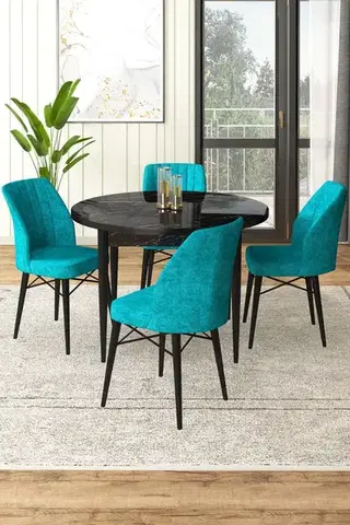 Jedálenské sety Dining Table & Chairs Set (5 Pieces) Rox - Black Marble, Turquoise