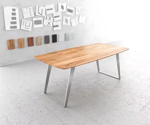 Jedálenské stoly DELIFE Jedálenský stôl Edge zaoblený tvar 200x100 akácia prírodná nerezová oceľ skosený švajčiarska hrana