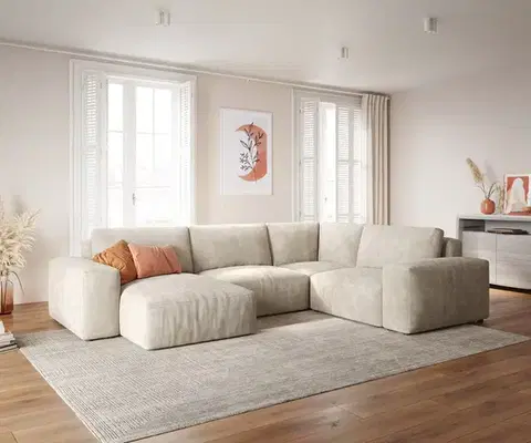 Sedacie súpravy XL DELIFE Pohovka v tvare U Lanzo 300x210 cm manšester béžová ležadlo variabilné