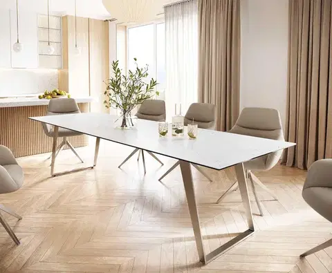 Jedálenské stoly DELIFE Jedálenský stôl Edge 300x100 keramika Laminam® Statuarietto biela nerezová oceľ šikmý