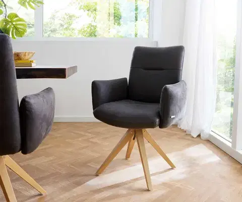 Jedálenské stoličky DELIFE Otočná jedálenská stolička Jova-Flex s opierkami mikrovlákno antracit vintage drevená podstava hranatá prírodná 180° otočná vrecková pružina