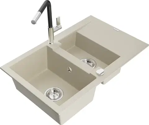 Kuchynské drezy MEXEN/S MEXEN/S - Gaspar granitový drez 1.5 s odkvapkávačom vrátane batérie Flora, béžová 6507-69-670401-07