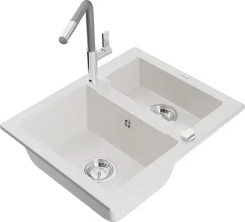 Kuchynské drezy MEXEN/S MEXEN/S - Carlos granitový drez 1.5 vrátane batérie Flora, biela 6518-20-670401-06