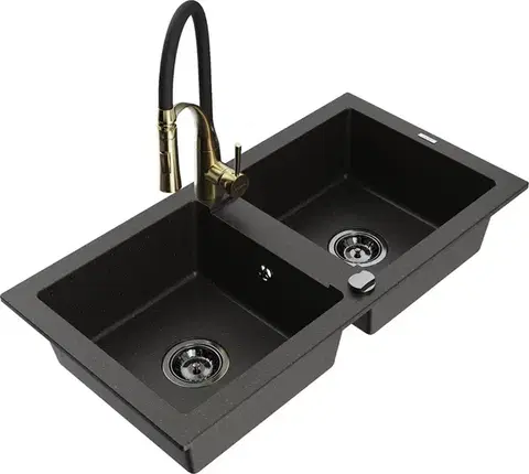 Kuchynské drezy MEXEN/S MEXEN/S - Mario granitový drez 2-bowl vrátane batérie Aster, čierna/zlatá metalik 6504-75-73450-57-B