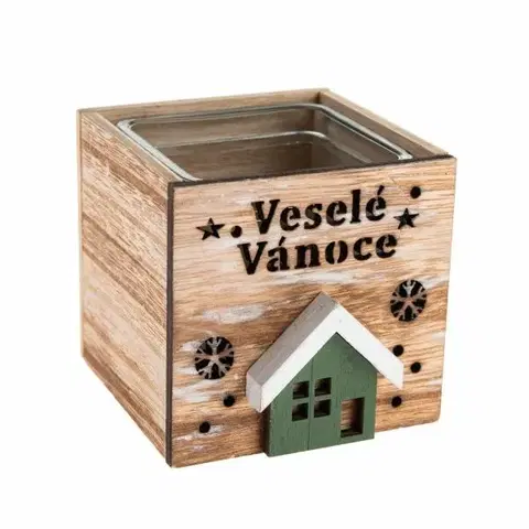 Vianočné dekorácie Drevený svietnik so sklom Veselé Vianoce, 9 x 8,5cm, prírodný