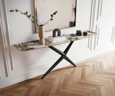 Konzolové stolíky DELIFE Konzolový stolík Edge zaoblený 180×40 cm keramika Patagonia leštená Estelo kov čierna