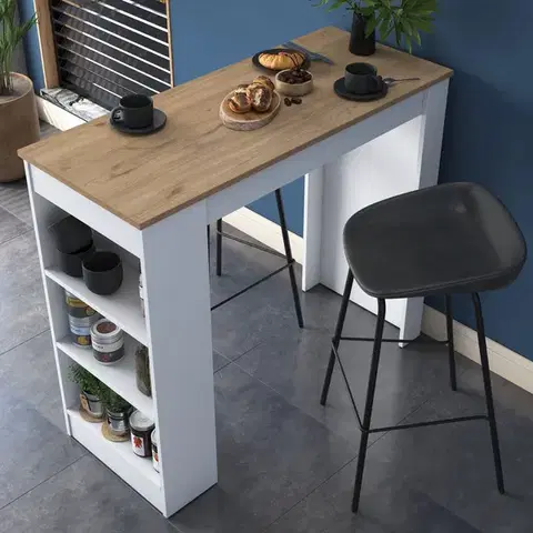 Barové stoly JANINA barový stôl s regálom, biela/orech