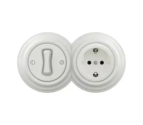 Predlžovacie káble lap - Retro jednopólový vypínač č. 1 a zásuvka SCHUKO 230 V v ráme, keramická biela 2xKA0008+KA0001+KA0106
