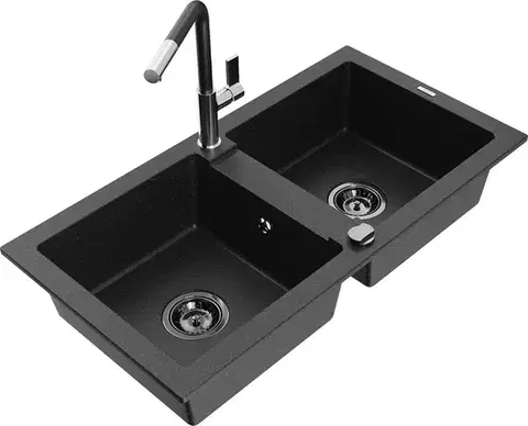 Kuchynské drezy MEXEN/S MEXEN/S - Mario granitový drez 2-bowl vrátane batérie Flora, čierna/strieborná metalík 6504-73-670401-07-B