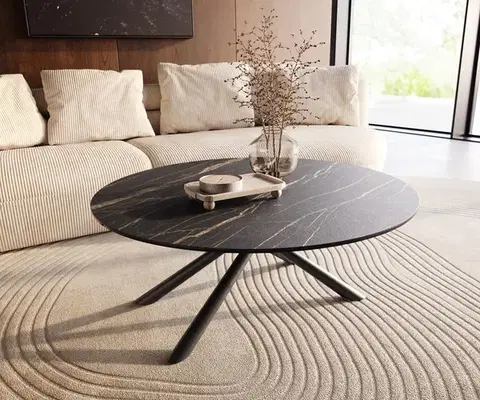 Konferenčné stolíky DELIFE Konferenčný stolík Edge okrúhly 100x100 cm keramika Laminam® Noir Desir hnedá Sarity kov čierna