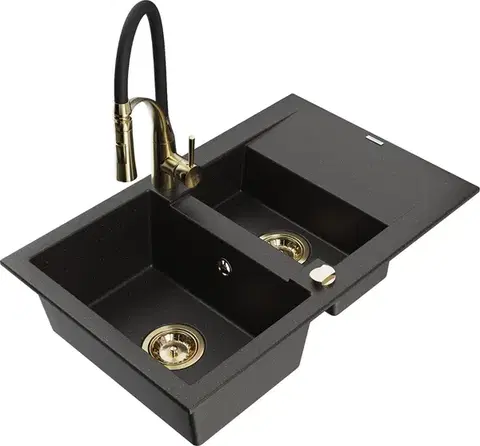 Kuchynské drezy MEXEN/S MEXEN/S - Gaspar granitový drez 1.5 s odkvapkávačom vrátane batérie Aster, čierna/zlatá metalik 6507-75-73450-57-G