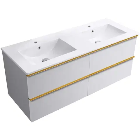 Kúpeľňový nábytok CERANO - Kúpeľňová skrinka Velora - biela matná, úchytka zlatá + keramické umývadlo Todo - 121x55x46,5 CER-664879