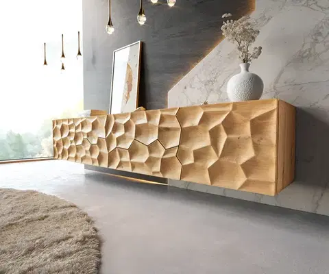 Televízne stolíky DELIFE TV stolík Solu 220 cm dub prírodný 2 dvierka 4 zásuvky závesný 3D čelo