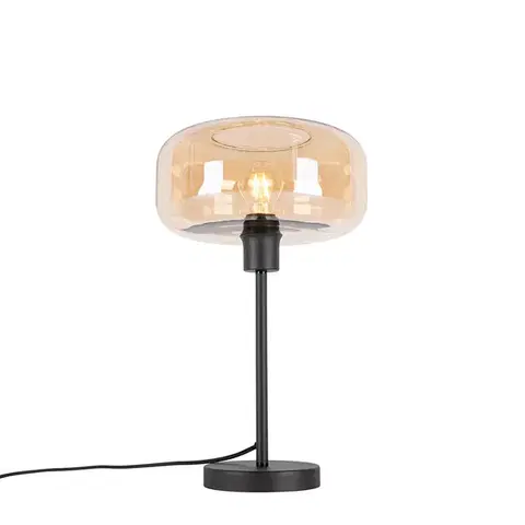 Stolné lampy Art Deco stolná lampa čierna s jantárovým sklom - Bizle
