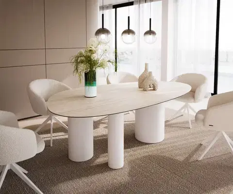 Jedálenské stoly DELIFE Jedálenský stôl Edge oválny 220x120 keramika Laminam® Travertino Bianco krémovo biela Troa kov biela