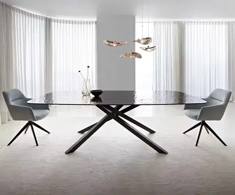 Jedálenské stoly DELIFE Jedálenský stôl Edge zaoblený 240x120 reliéfne sklo dymovo čierna 3D dizajn krížová podstava hranatý čierna